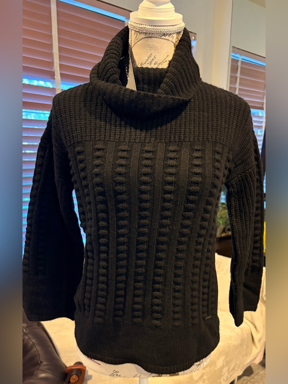 T Tahari Black Cowl Neck Cable Knit Sweater